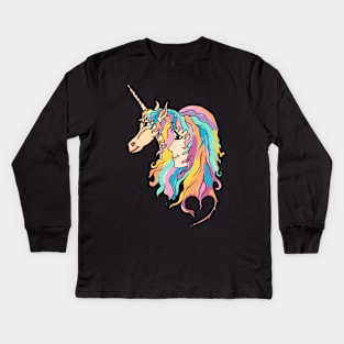 Sweet girl and unicorn drawing Kids Long Sleeve T-Shirt